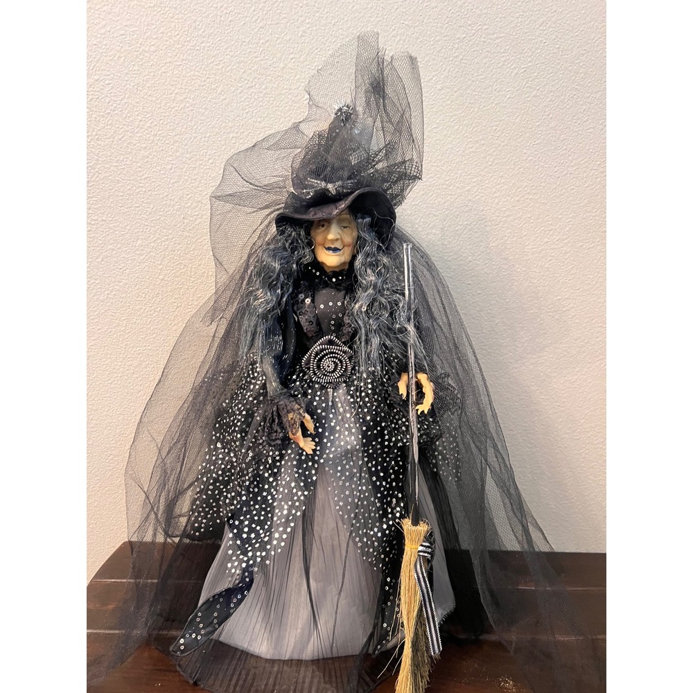 Vintage Style Halloween Witch Tree Topper Black Silver Sequin Gown Broom 21 Inch